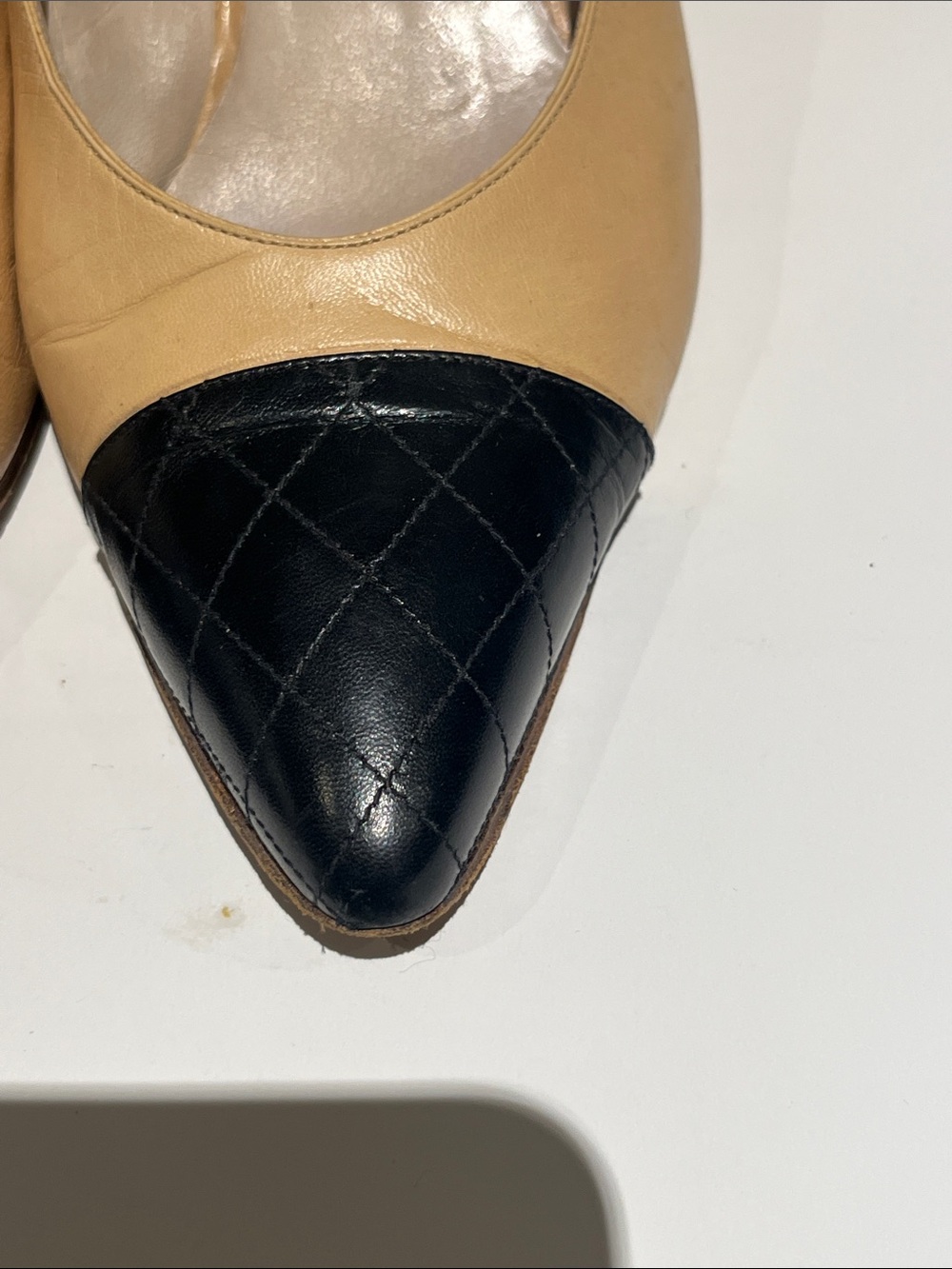 CHANEL Beige Leather Slingback Heels with Black Quilted Toe - Picture 4 of 11
